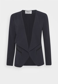 Černý otevřený blazer s širokými klopami a zipovými kapsami po obou stranách, bez knoflíků nebo zapínání, dlouhé rukávy.