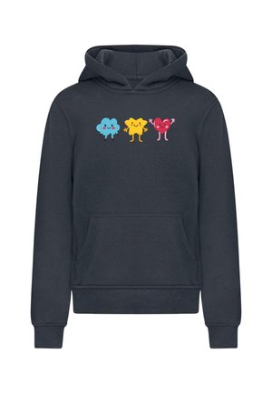 Granatowy hoodie z kieszenią kangurzą, z nadrukiem trzech kolorowych postaci z kreskówek (chmura, gwiazda, serce) na klatce piersiowej.