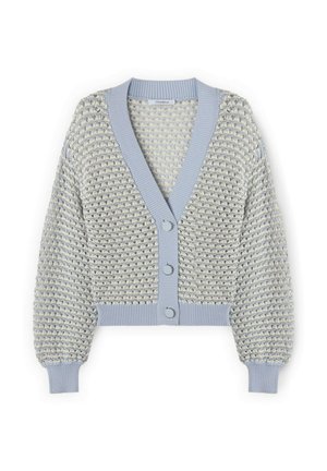 Cardigan corto in maglia azzurro chiaro con motivo strutturato, tre bottoni, polsini a coste, orlo e collo a V.