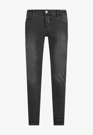 Schwarze Jeans aus Denim mit schmaler Passform, ausgestattet mit fünf Taschen, einem vorderen Knopfverschluss, dezenten Vintage-Effekten und sauber gesäumten Säumen.