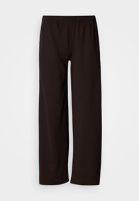 Μαύρο παντελόνι με ελαστική μέση και φαρδιές ίσιες παντελόνια, κατασκευασμένο από απαλό ύφασμα, παρουσιάζεται σε απλό φόντο.