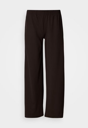 Melnas bikses ar elastīgu vidukli un platiem taisniem galiem, izgatavotas no gludas auduma, attēlotas uz vienkārša fona.