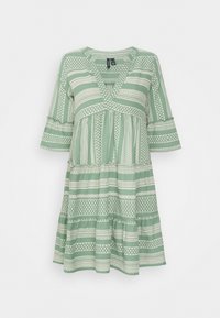 Grön klänning med V-ringning, trekvartsärmar och flera våder. Har vita geometriska mönster över hela. Mjuk, lätt tyg.