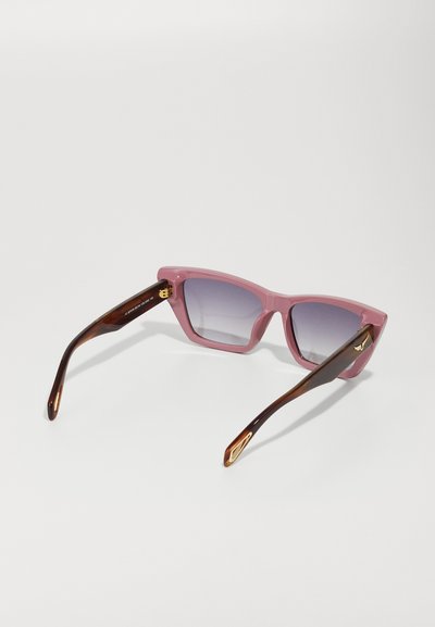 Pink sunglasses with a square frame, gradient lenses, and brown tortoiseshell arms featuring a gold accent near the hinge.