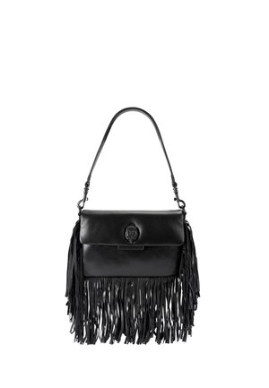 Black leather handbag with a flap, shoulder strap, decorative emblem, and long leather fringe hanging from the bottom and sides.
