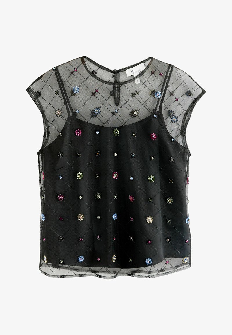 Top negru cu o suprapunere transparentă, având flori colorate brodate, decolteu rotund și mâneci scurte. Material texturat și delicat.