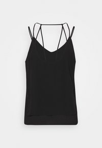 Black cami top with thin adjustable straps, v-neck design, smooth fabric, and a straight hemline. Lightweight and fitted silhouette.