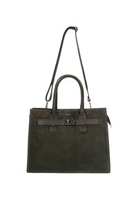 Czarna torba z zamszu w kształcie prostokąta, z podwójnymi uchwytami na górze oraz odczepianym paskiem na ramię. Posiada teksturowany pasek oraz metalową klamrę.