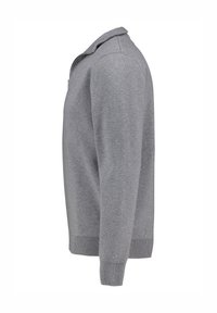 Gray knitted sweater with a zippered collar, ribbed cuffs, and hem, featuring a simple design and smooth texture, shown from the side.