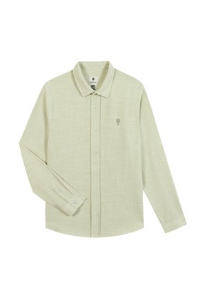Camicia a maniche lunghe a righe verde chiaro con bottoni, colletto e piccolo logo ricamato a forma di albero sul petto sinistro.
