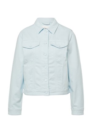 Light blue denim jacket with long sleeves, button front, and two buttoned chest pockets.