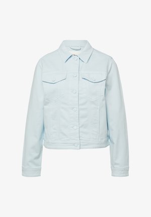 Jasnoniebieska kurtka dżinsowa z długimi rękawami, zapinana na guziki z przodu, z dwoma kieszeniami na piersi zapinanymi na guziki.