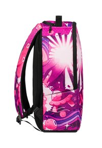 Zaino rosa e viola con grafica a tema spaziale, forma aerodinamica, materiale in rete sulle cinghie e maniglia superiore per un facile trasporto.
