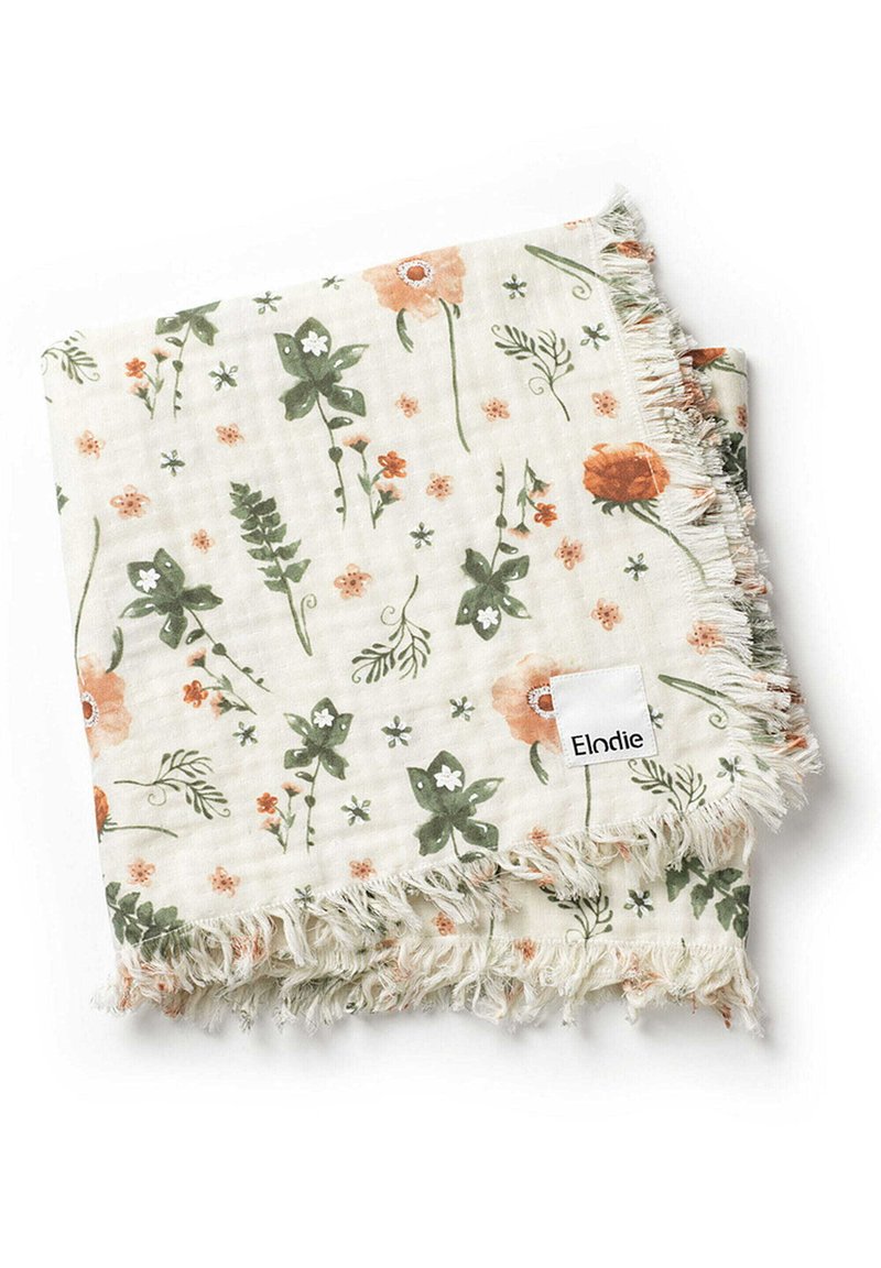Cotton blanket with a floral pattern in green and coral on a cream background. Edges feature frayed detailing. Tag labeled "Elodie."