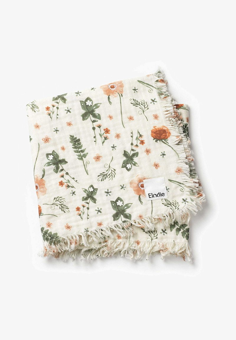 Coperta di cotone con un motivo floreale verde e corallo su uno sfondo crema. I bordi presentano dettagli sfrangiati. Etichetta con la scritta "Elodie."