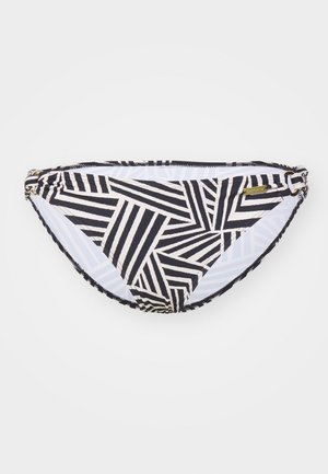 Black and white bikini bottom featuring geometric stripes, elastic waistband, and gold hardware accents. Made from a smooth, stretchy material.