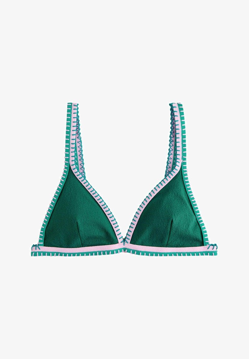 Groen driehoekige bikini top met roze en witte stikselrand langs de randen en bandjes op een witte achtergrond.