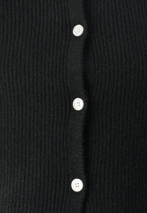Black ribbed cardigan made of textured fabric, featuring five white plastic buttons down the front and a rounded neckline.