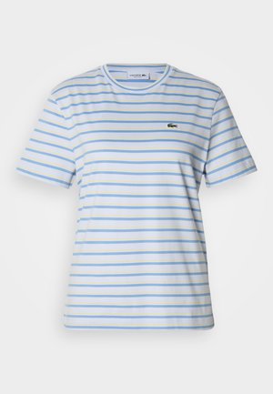 Short-sleeve t-shirt in light blue with horizontal stripes in yellow and white. Features a small green logo on the chest. Cotton material.