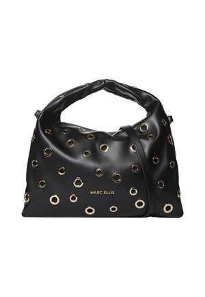 Sac à main en cuir noir Marc Ellis avec des détails d'œillets circulaires dorés et une anse supérieure froncée.