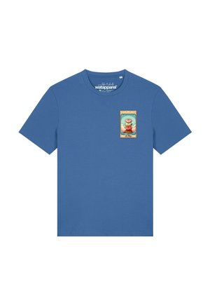 T-shirt bleu à manches courtes avec un petit graphique coloré de donuts empilés et le texte "The Tower" sur la partie gauche de la poitrine.