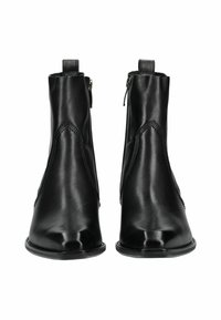 Svarta läderankelstövlar med en slät yta, dragkedjestängning på sidan och rund tå. Stickade detaljer längs sidorna.