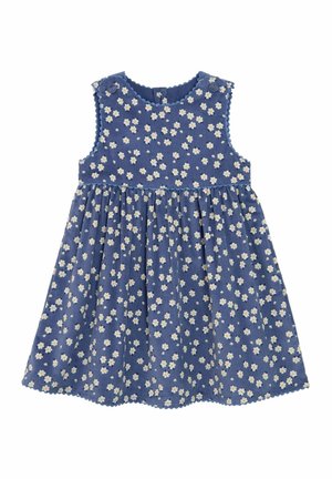 Blaues ärmelloses Kleinkindkleid mit weißem Gänseblümchen-Blumenmuster, wellenförmigen Kanten und Knopfdetails an den Schulterträgern.