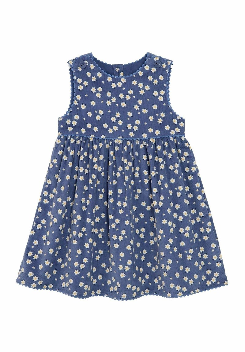 Robe bleue sans manches pour tout-petit avec imprimé floral de marguerites blanches, bords festonnés et détails à boutons sur les bretelles.