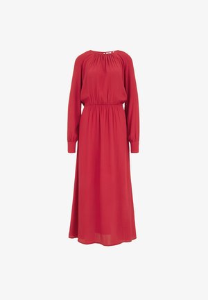 Červené dlouhé maxi šaty s dlouhým rukávem, skládacím výstřihem a elastickým pasem. Hladká, splývavá tkanina s volným střihem a manžetovými rukávy.