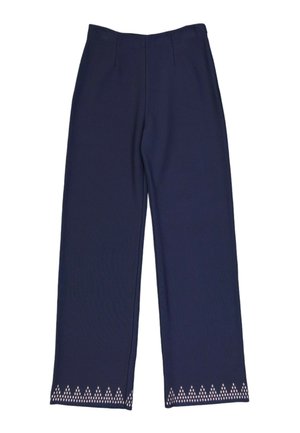 Pantalones de pierna ancha azul marino con cintura alta y pequeños detalles de patrón triangular blanco a lo largo del dobladillo inferior.