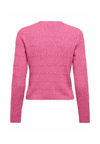 Maglione rosa lavorato a maglia con maniche lunghe, caratterizzato da un motivo a coste testurizzato e un collo rotondo, progettato per un aspetto aderente.