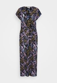 Robe maxi noire avec des manches courtes, décolleté en V et un motif de feuilles florales multicolores dans des tons de violet, bleu et vert olive.