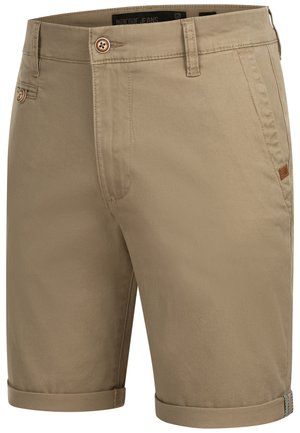 Pantaloni scurți din bumbac bej, cu manșete răsucite, având închidere cu nasture și buzunare laterale. Include o etichetă mică de marcă pe buzunar.