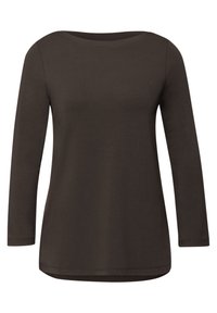 Langärmeliges, dunkelbraunes Oberteil aus weichem Stoff mit rundem Ausschnitt und lockerem Schnitt, gerade Saumlinie.