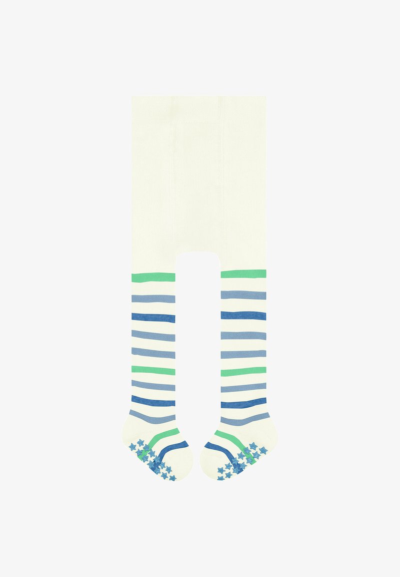 Rajstopy do kolan w kolorze kremowym z niebieskimi i zielonymi poziomymi paskami. Palce mają wzór gwiazdy w kolorze niebieskim. Wykonane z miękkiego, elastycznego materiału.