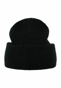 Svart stickad mössa med ribbat mönster, med en uppvikbar kant och ett rundat, något slokande topp.