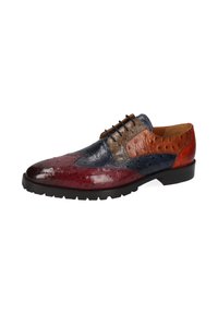 Zapato de vestir multicolor de cuero para hombre con detalles de brogue, que presenta tonos de rojo, azul, marrón y naranja, con cordones y suela negros.