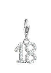 Anhänger mit silbernem Verschluss in Form der Zahl 18, verziert mit kleinen funkelnden klaren Edelsteinen.