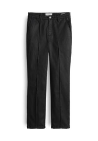 Pantalon noir droit avec plis à l'avant, poches latérales, passants de ceinture et fermeture à bouton avec braguette zippée.