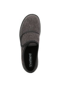Gray slip-on shoe with a floral pattern, soft fabric upper, padded elastic band across the midfoot, and a textured sole.