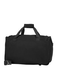 Borsa da palestra nera realizzata in tessuto resistente, con forma rettangolare, maniglie superiori doppie e una tracolla regolabile per un trasporto versatile.