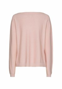 Pull-over rose clair, en matériau tricot doux, avec des épaules tombantes, un col large et des bords ribbed au niveau de l'ourlet et des poignets.