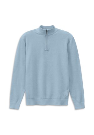 Light blue textured knit pullover with long sleeves and a short front zipper at a mock neck collar.