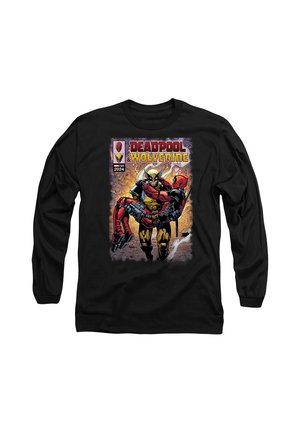 Schwarzes Langarmshirt mit Comic-Style-Druck von Wolverine, der Deadpool trägt, mit dem Titel "Deadpool & Wolverine" sowie 2024 und Marvel Logos.