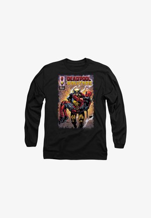 Schwarzes Langarmshirt mit Comic-Style-Druck von Wolverine, der Deadpool trägt, mit dem Titel "Deadpool & Wolverine" sowie 2024 und Marvel Logos.