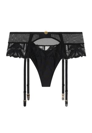 Jarretière noire en dentelle avec broderie florale, panneaux en tulle, détail de boucle dorée et bretelles réglables avec clips métalliques sur fond blanc.