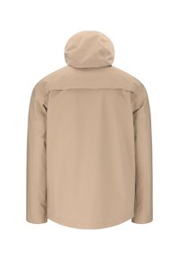 Beige hættejakke med lange ærmer set bagfra, med glat, vandafvisende stof og et enkelt design.