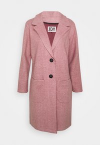 Roze wolmix jas met een gesneden kraag, twee voorzakken en drie zwarte knopen. Heeft een effen kleurtextuur en een middellange snit.