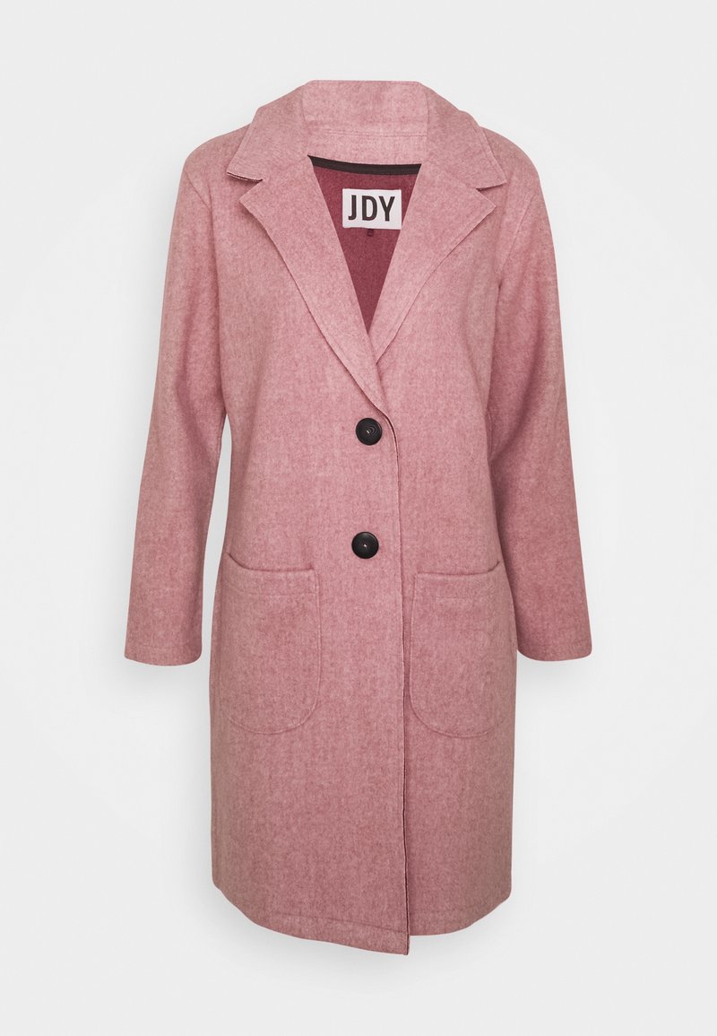 Cappotto in misto lana rosa con colletto a revers, due tasche frontali e tre bottoni neri. Presenta una texture a tinta unita e un taglio di lunghezza media.