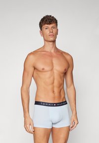 Hellblaue Boxer-Briefs mit einem schwarzen Bund, auf dem das Logo "TOMMY HILFIGER" zu sehen ist. Der Stoff wirkt glatt und enganliegend, mit einem mittelhohen Design.